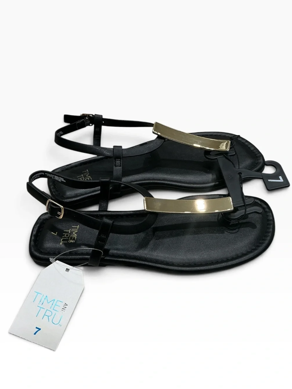 Time and Tru Women’s T-Strap Thong Sandals Black Gold Hardware Size 7